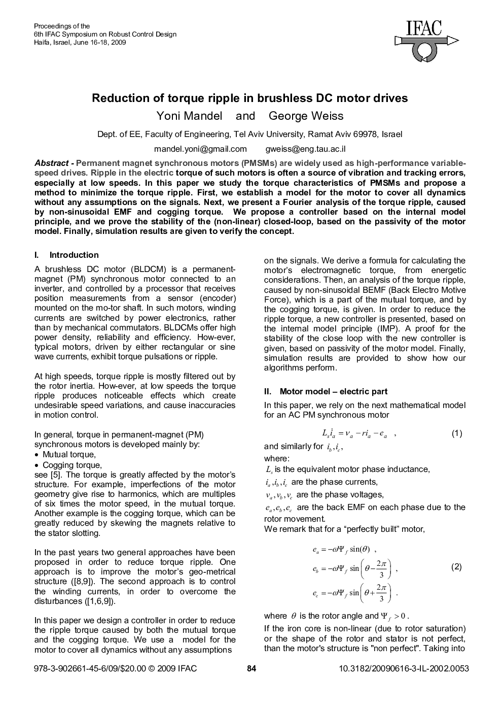 Reduction of torque ripple in brushless DC motor drives