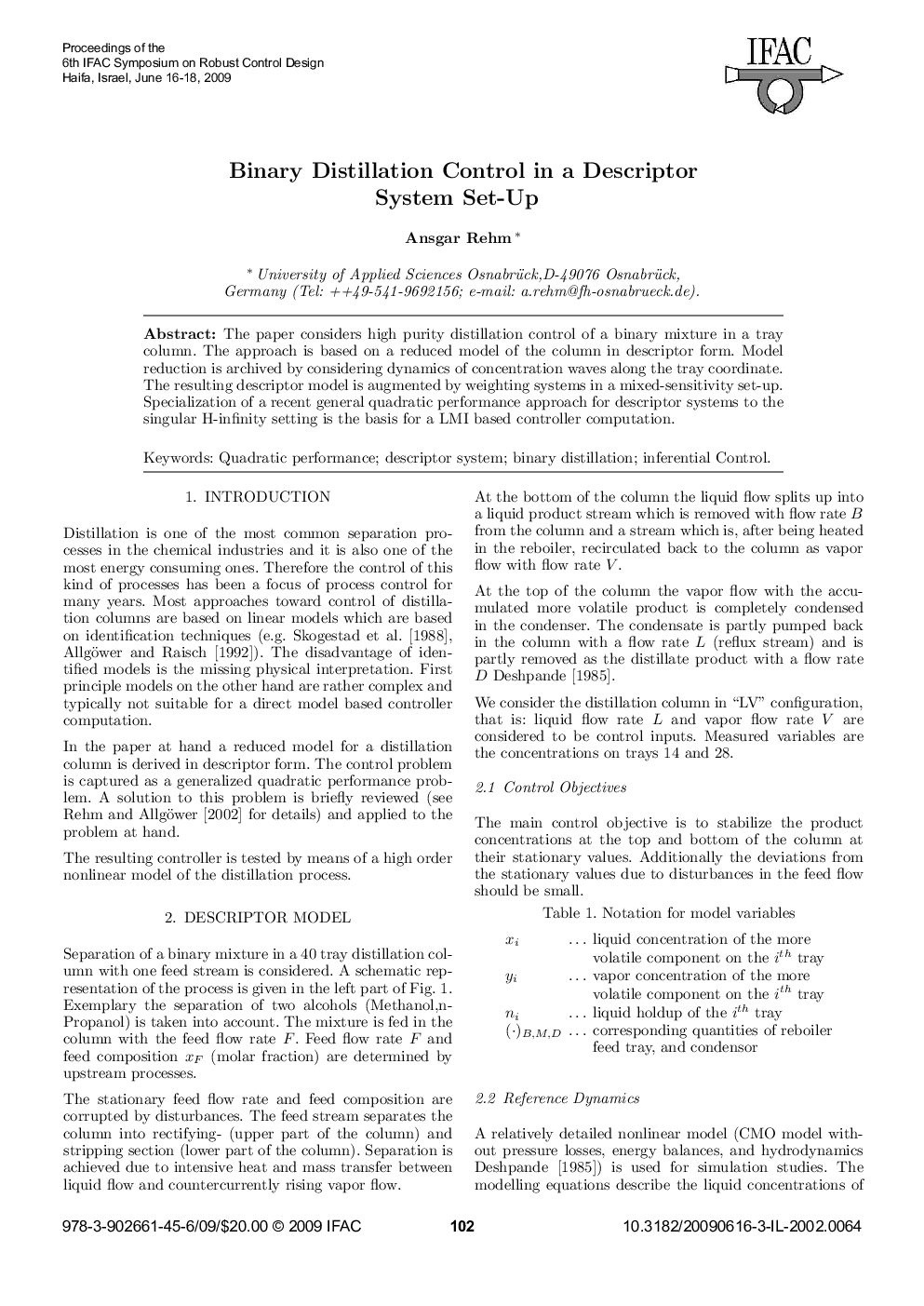Binary Distillation Control in a Descriptor System Set-Up