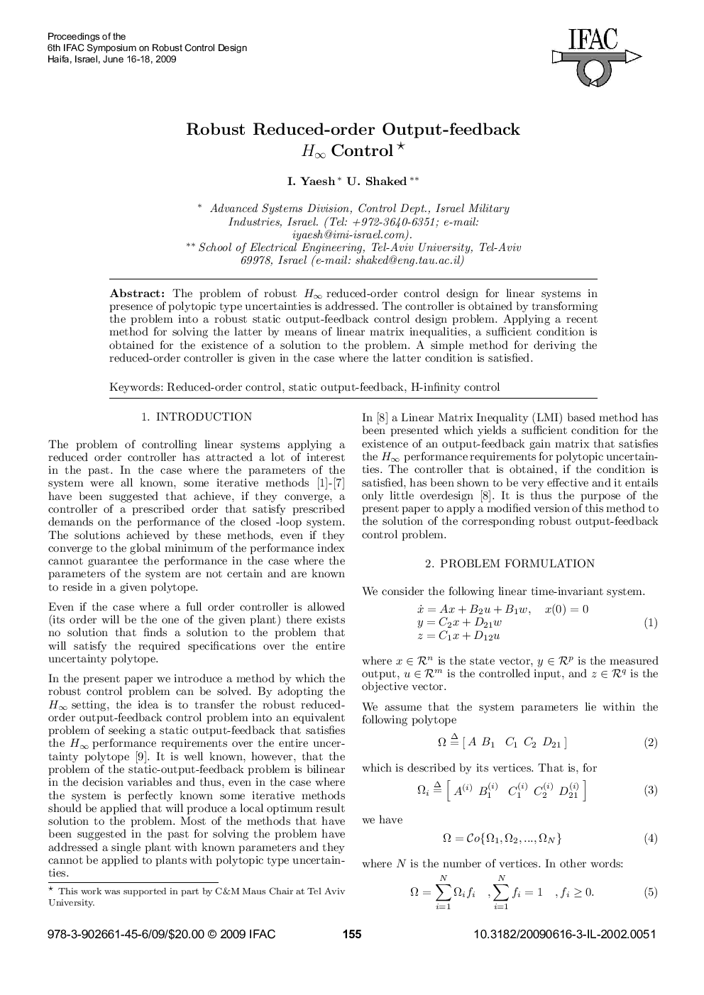 Robust Reduced-order Output-feedback H∞ Control 
