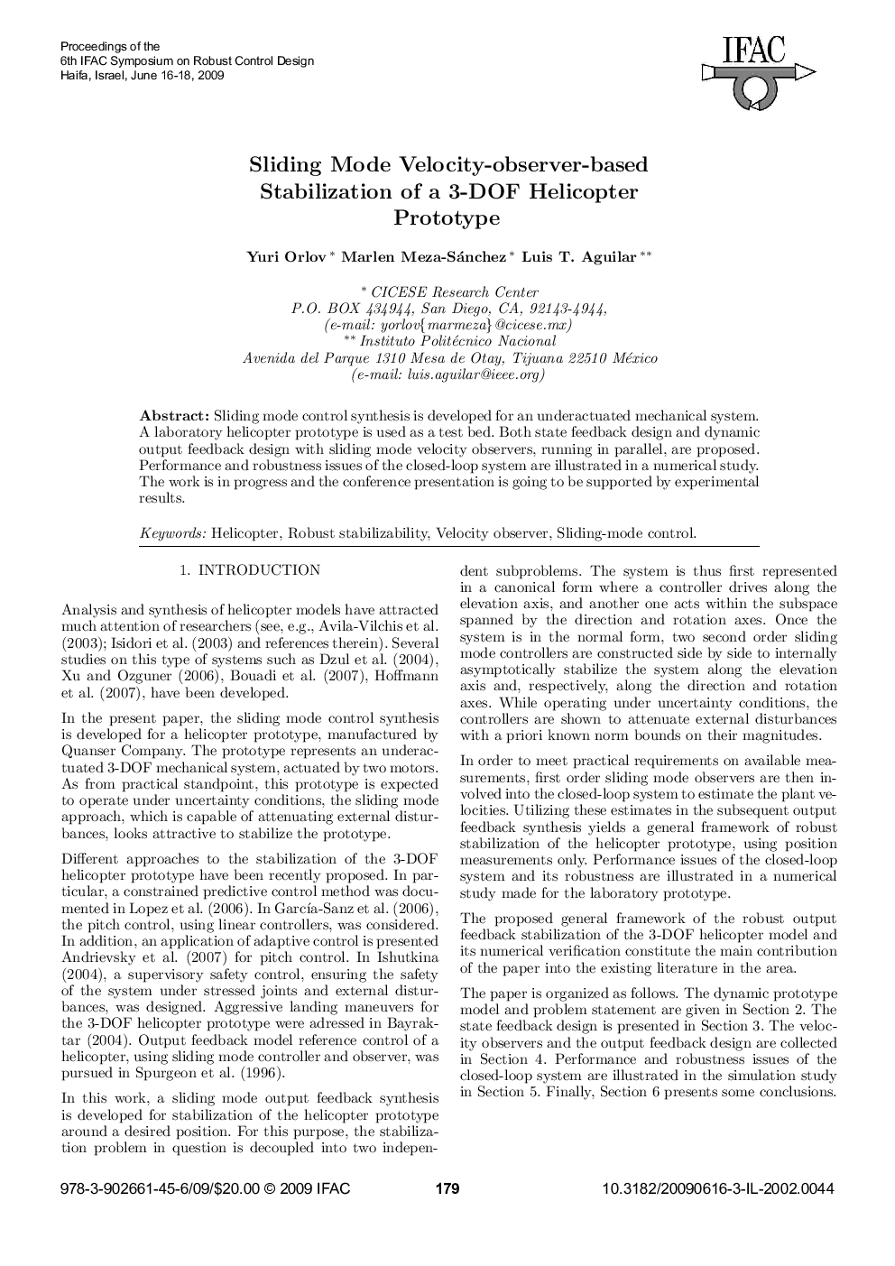Sliding Mode Velocity-observer-based Stabilization of a 3-DOF Helicopter Prototype
