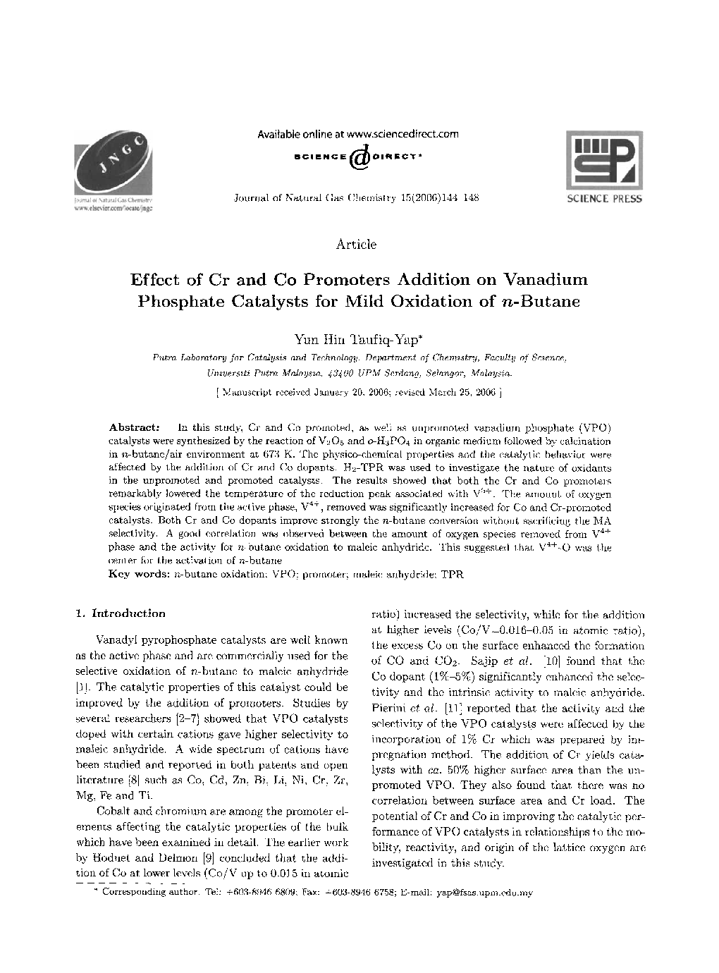 Effect of Cr and Co Promoters Addition on Vanadium Phosphate Catalysts for Mild Oxidation of n-Butane