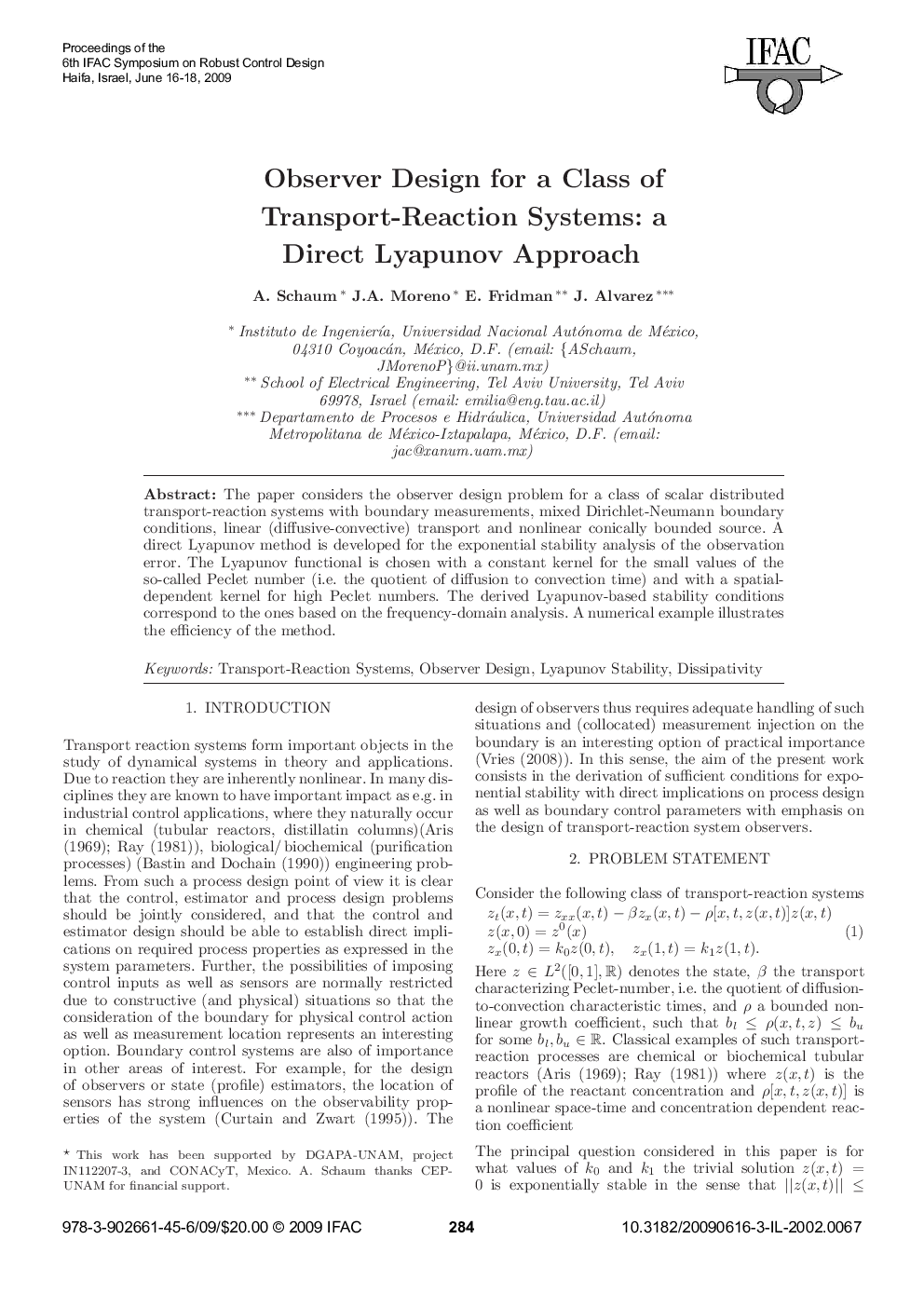 Observer Design for a Class of Transport-Reaction Systems: a Direct Lyapunov Approach 