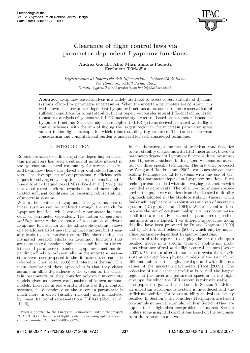 Clearance of flight control laws via parameter-dependent Lyapunov functions 