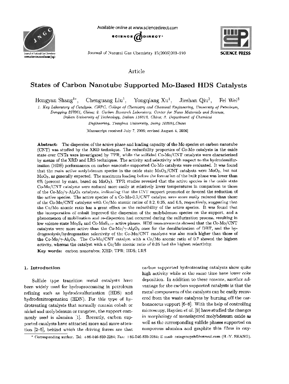 States of Carbon Nanotube Supported Mo-Based HDS Catalysts