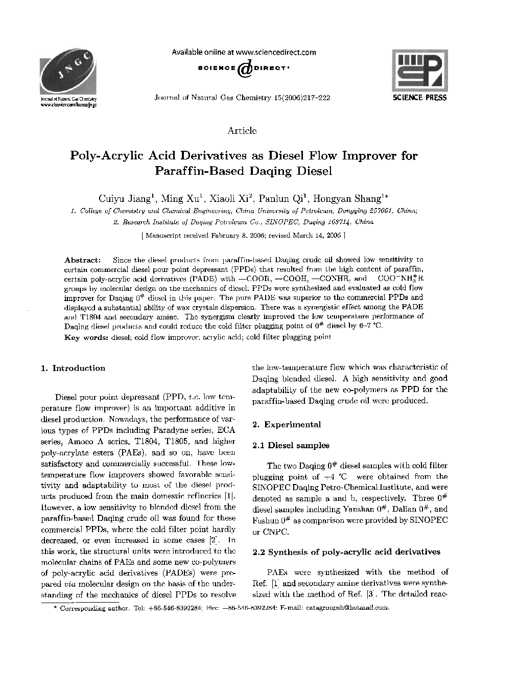 Poly-Acrylic Acid Derivatives as Diesel Flow Improver for Paraffin-Based Daqing Diesel