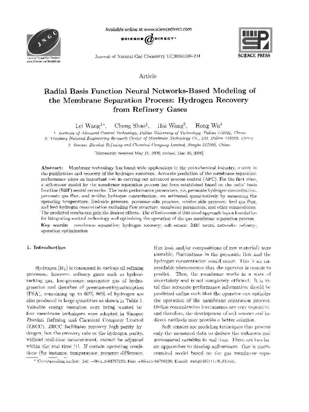 Radial Basis Function Neural Networks-Based Modeling of the Membrane Separation Process: Hydrogen Recovery from Refinery Gases