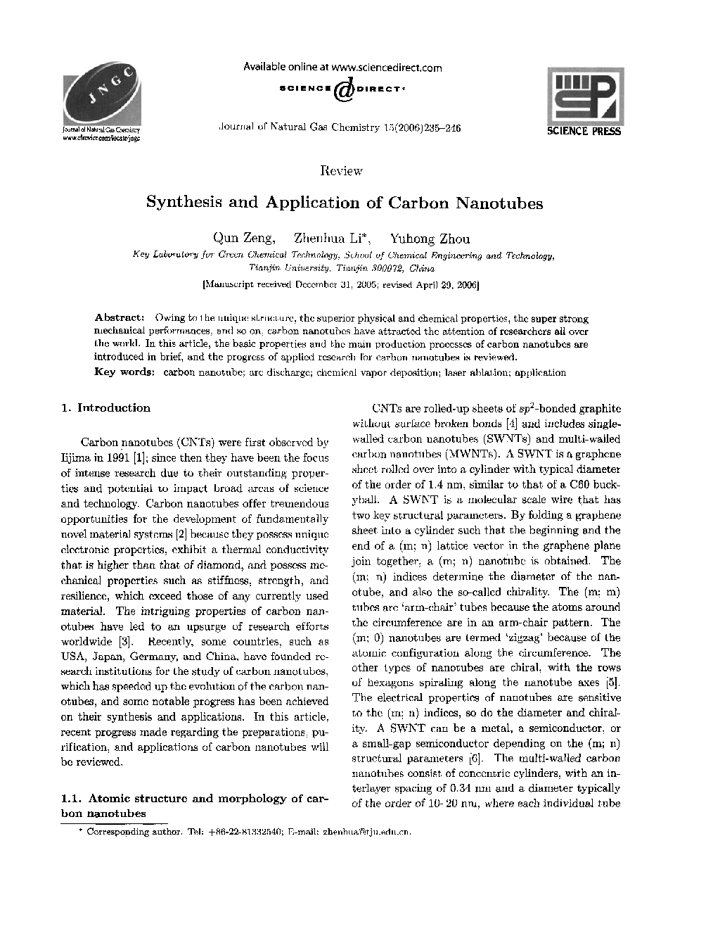Synthesis and Application of Carbon Nanotubes
