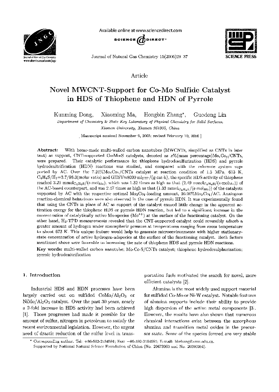 Novel MWCNT-Support for Co-Mo Sulfide Catalyst in HDS of Thiophene and HDN of Pyrrole 