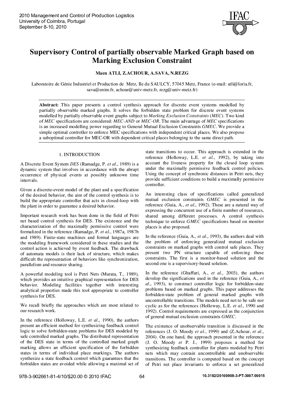 Supervisory Control of partially observable Marked Graph based on Marking Exclusion Constraint