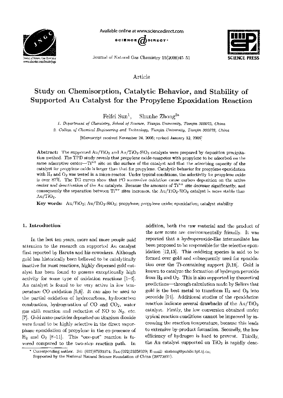 Study on Chemisorption, Catalytic Behavior, and Stability of Supported Au Catalyst for the Propylene Epoxidation Reaction 