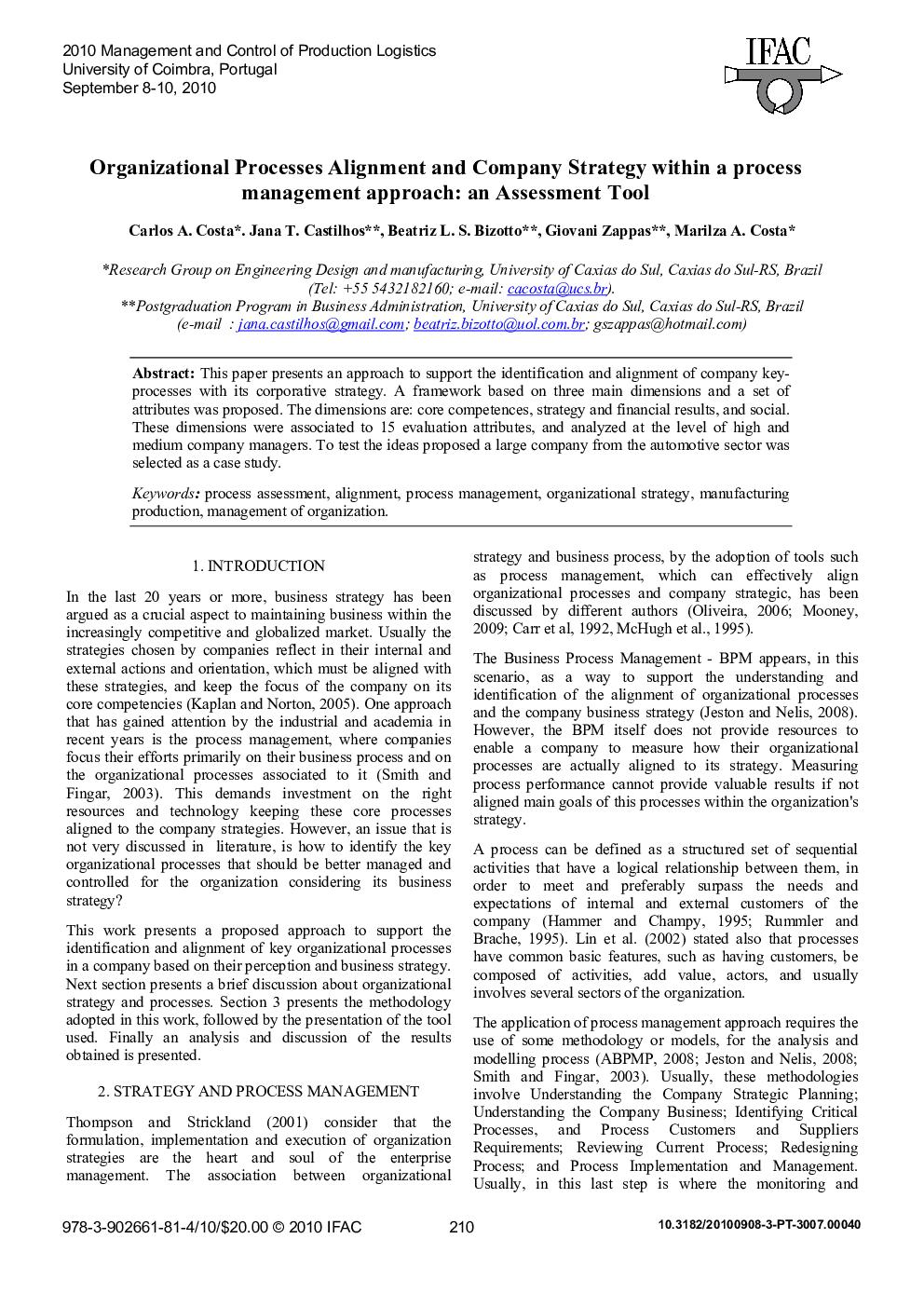 Organizational Processes Alignment and Company Strategy within a process management approach: an Assessment Tool