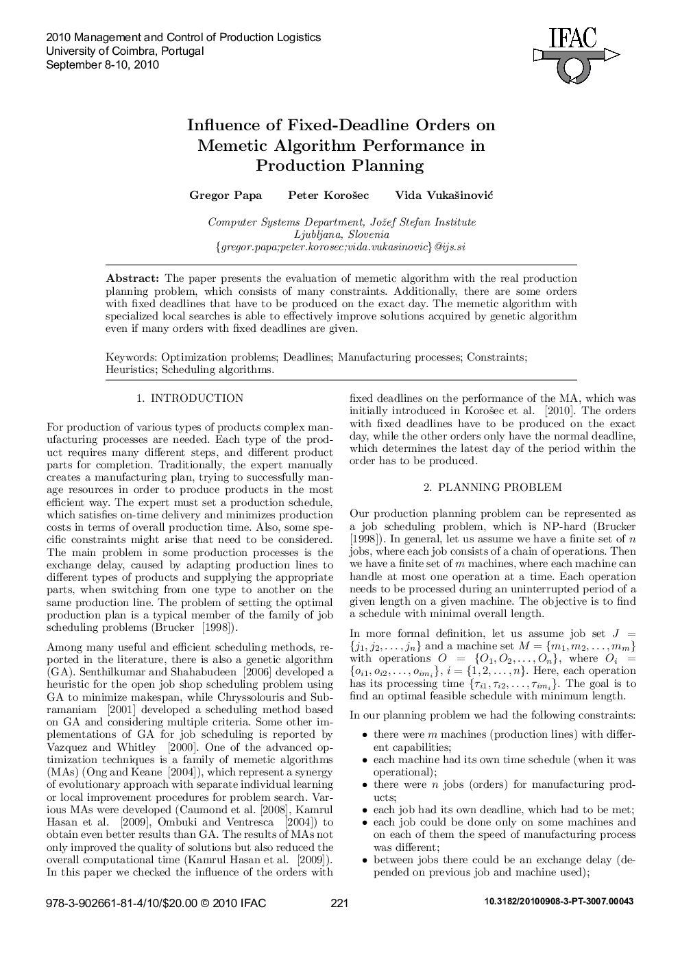 Influence of Fixed-Deadline Orders on Memetic Algorithm Performance in Production Planning