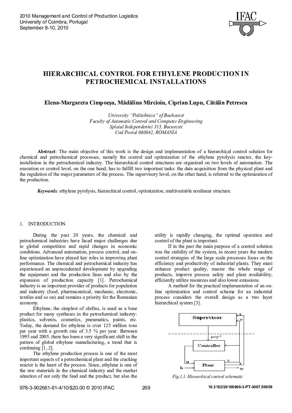 HIERARCHICAL CONTROL FOR ETHYLENE PRODUCTION IN PETROCHEMICAL INSTALLATIONS