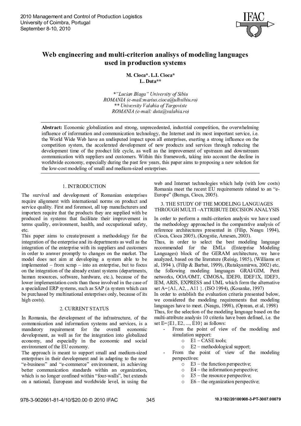 Web engineering and multi-criterion analisys of modeling languages used in production systems