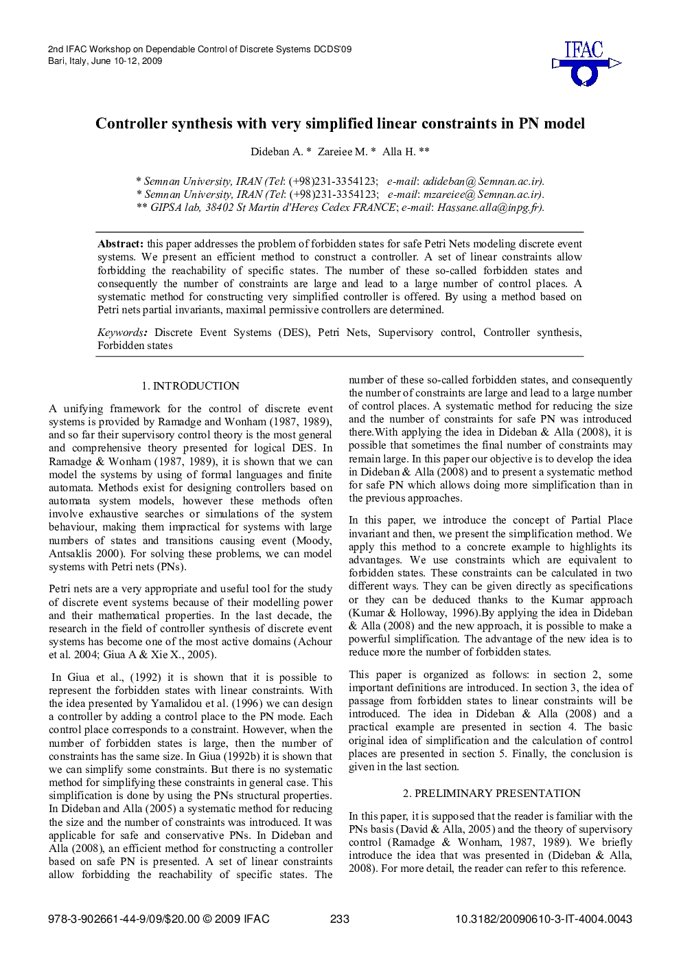 Controller synthesis with very simplified linear constraints in PN model