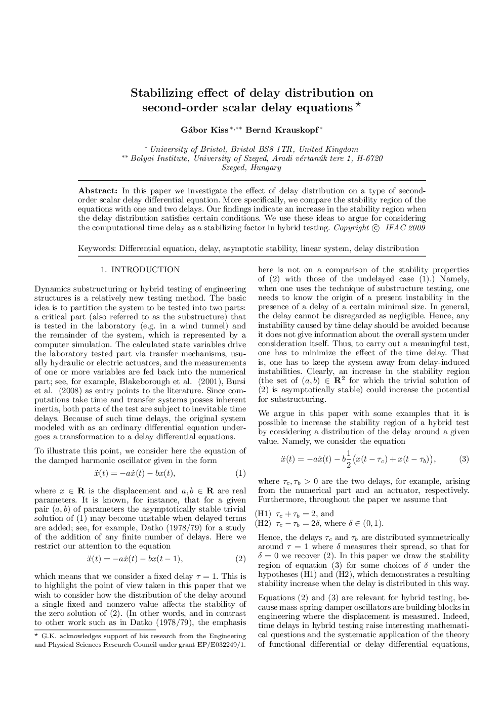 Stabilizing effect of delay distribution on second-order scalar delay equations 