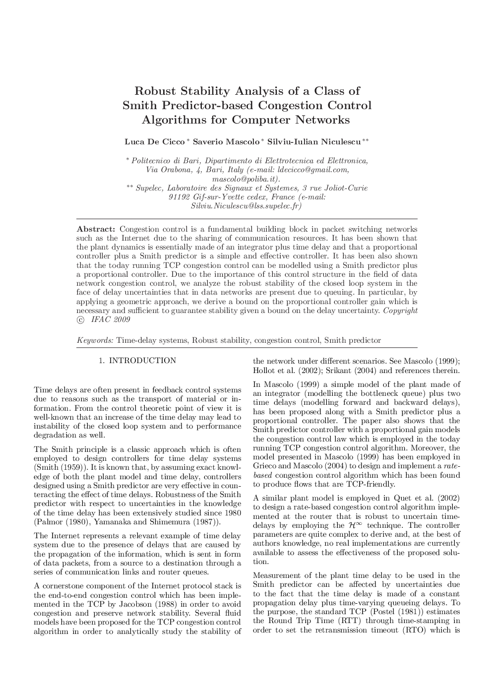 Robust Stability Analysis of a Class of Smith Predictor-based Congestion Control Algorithms for Computer Networks