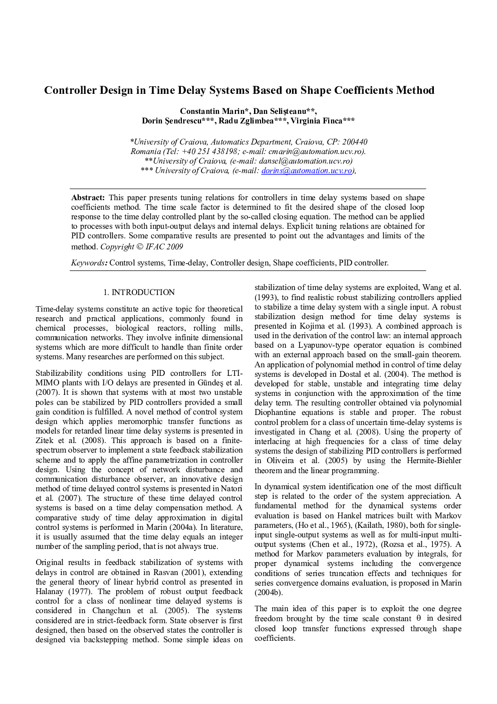 Controller Design in Time Delay Systems Based on Shape Coefficients Method