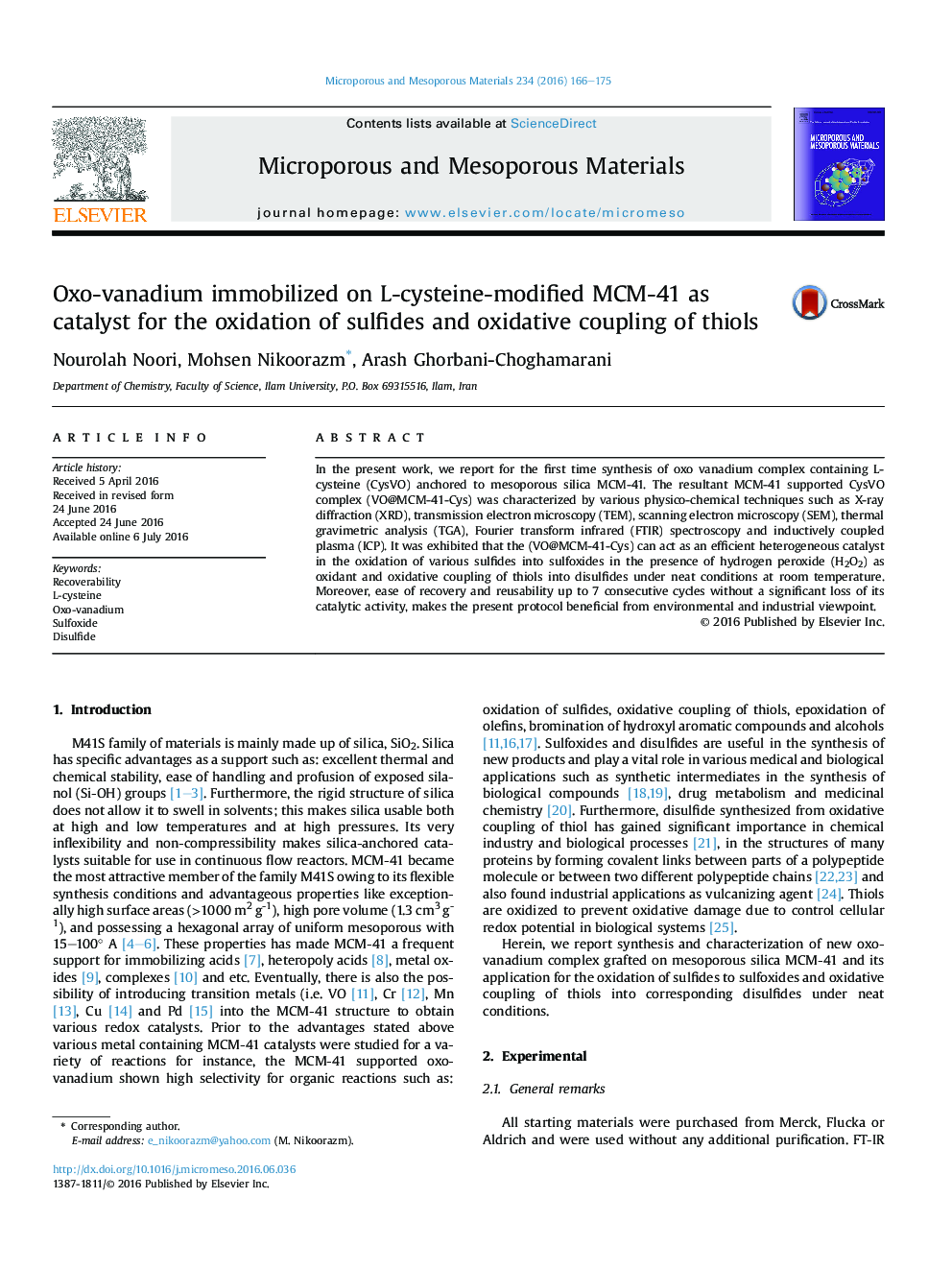 Oxo-vanadium immobilized on L-cysteine-modified MCM-41 as catalyst for the oxidation of sulfides and oxidative coupling of thiols