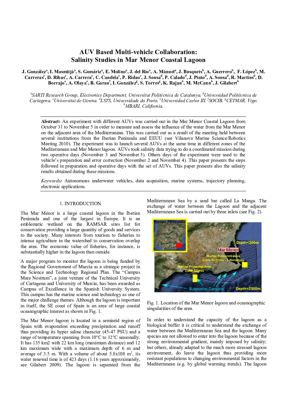 AUV Based Multi-vehicle Collaboration: Salinity Studies in Mar Menor Coastal Lagoon