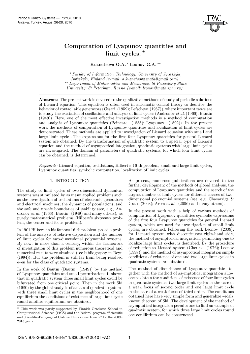 Computation of Lyapunov quantities and limit cycles.*