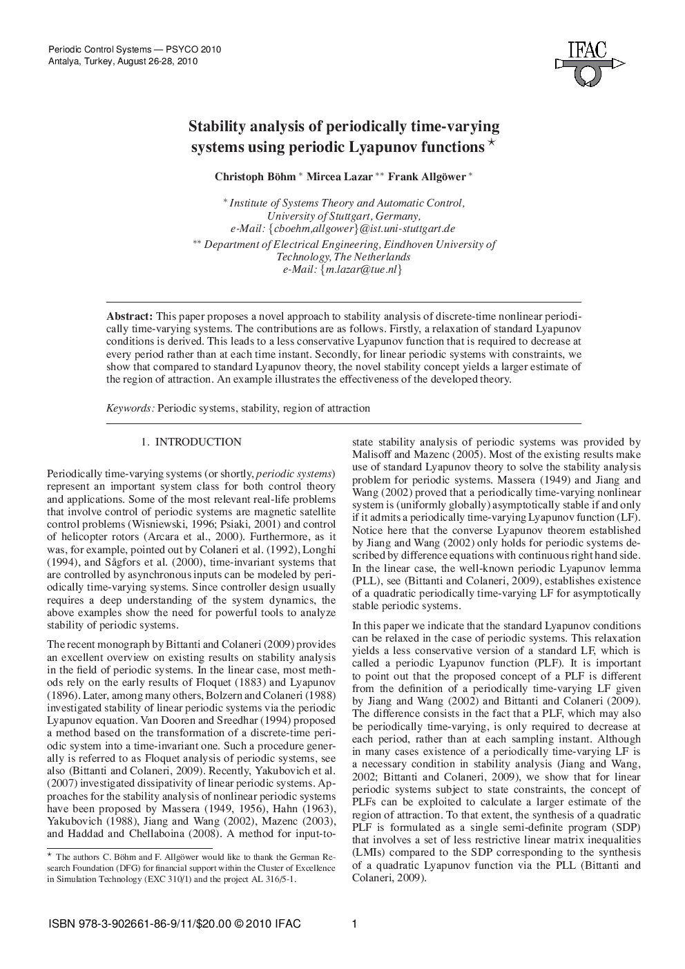 Stability analysis of periodically time-varying systems using periodic Lyapunov functions*