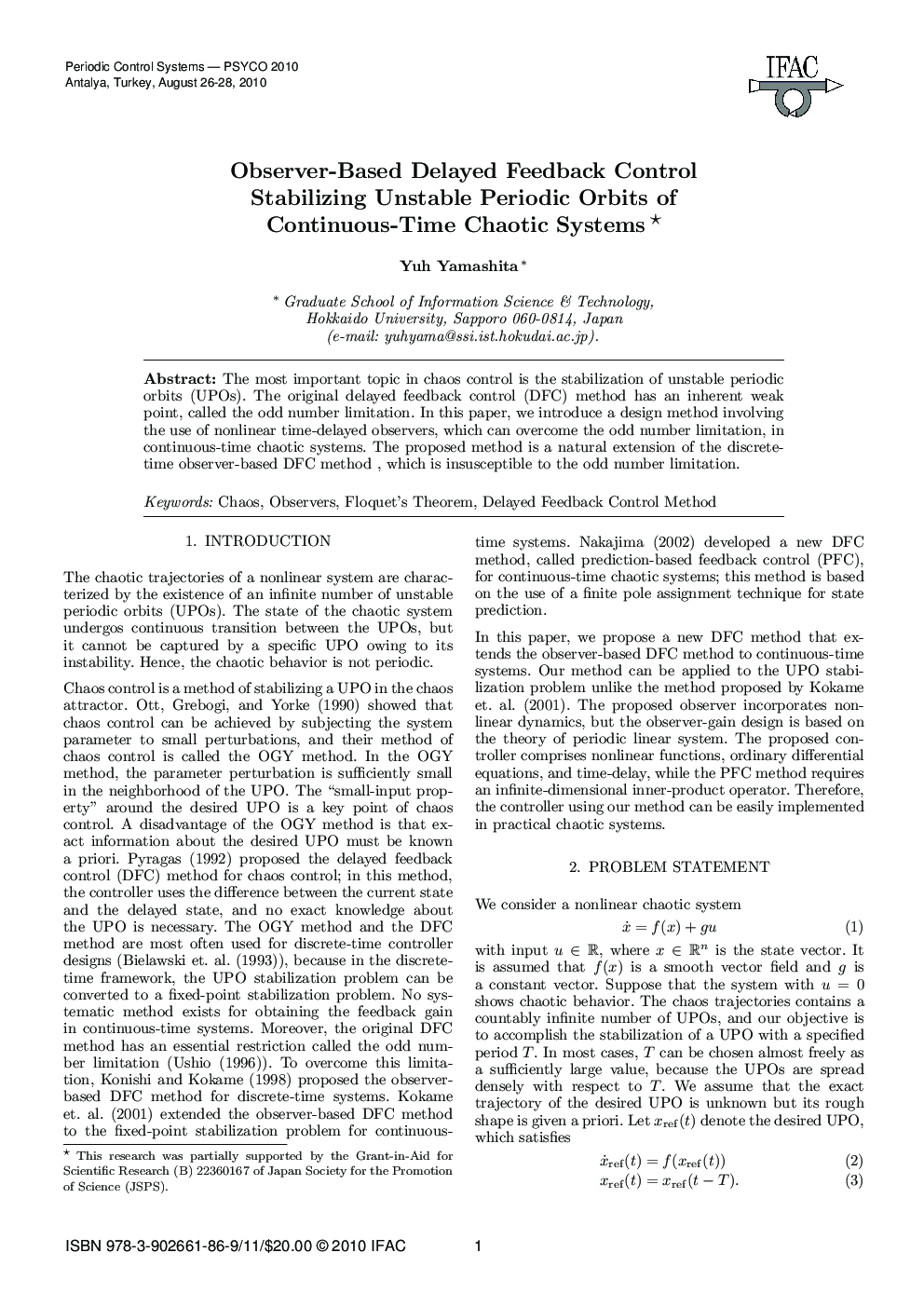 Observer-Based Delayed Feedback Control Stabilizing Unstable Periodic Orbits of Continuous-Time Chaotic Systems*