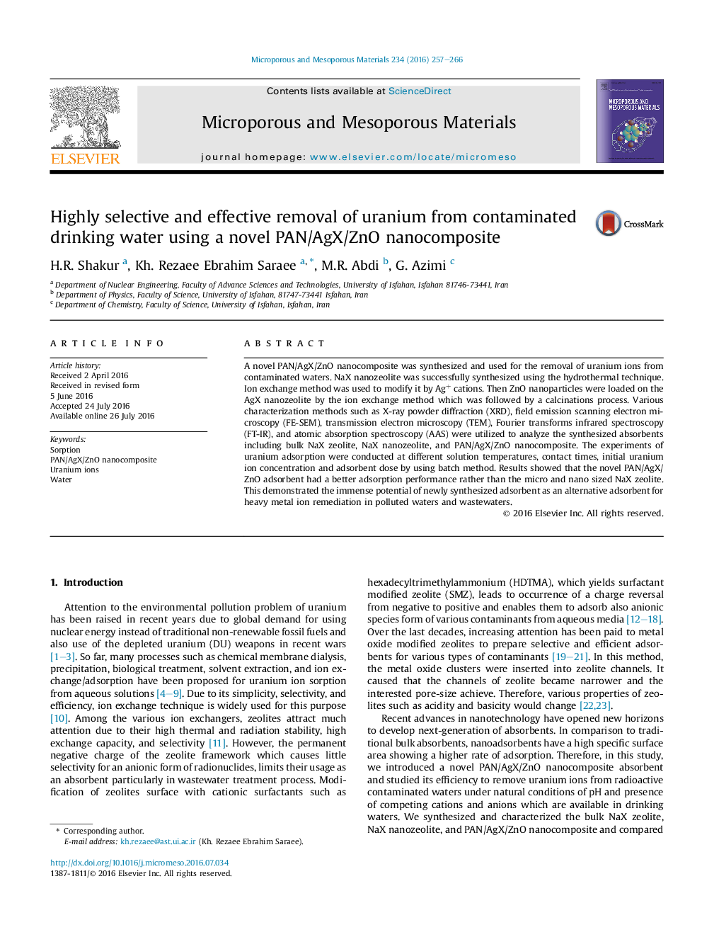 Highly selective and effective removal of uranium from contaminated drinking water using a novel PAN/AgX/ZnO nanocomposite