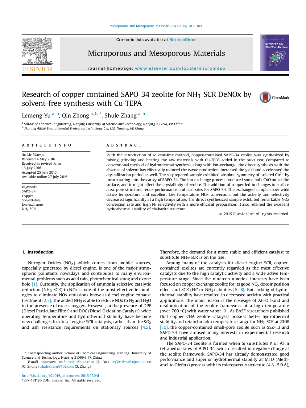 عکس صفحه اول مقاله: Research of copper contained SAPO-34 zeolite for NH3-SCR DeNOx by solvent-free synthesis with Cu-TEPA Research of copper contained SAPO-34 zeolite for NH3-SCR DeNOx by solvent-free synthesis with Cu-TEPA