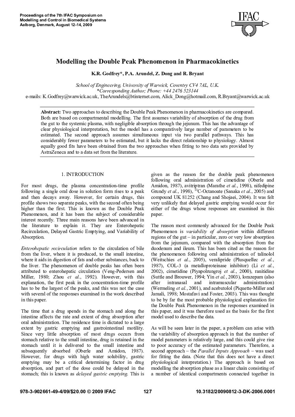 عکس صفحه اول مقاله: Modelling the Double Peak Phenomenon in Pharmacokinetics Modelling the Double Peak Phenomenon in Pharmacokinetics