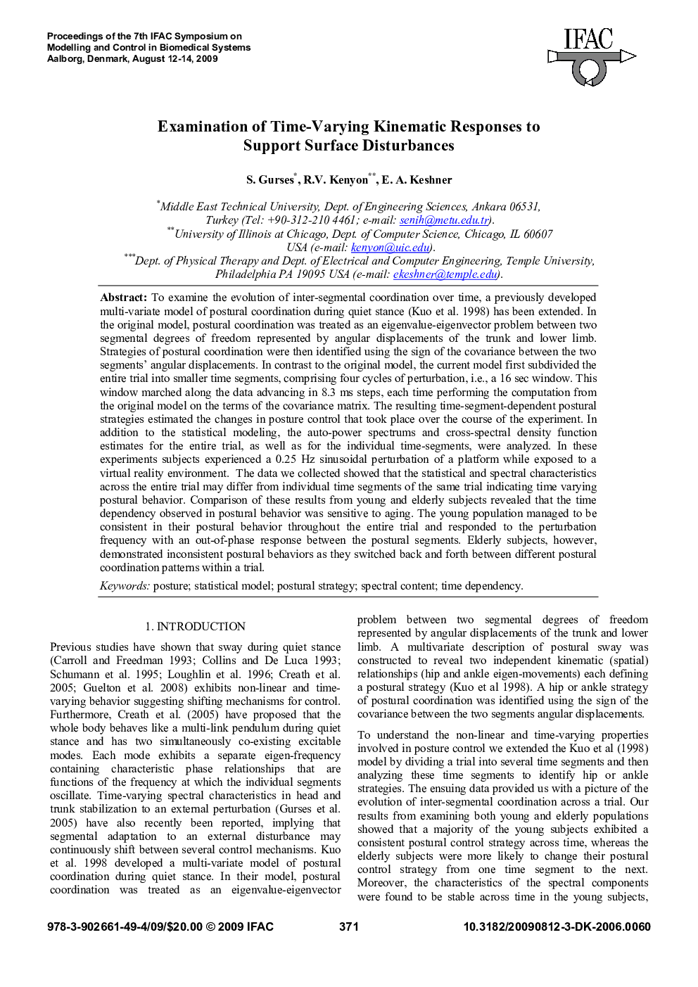 عکس صفحه اول مقاله: Examination of Time-Varying Kinematic Responses to Support Surface Disturbances Examination of Time-Varying Kinematic Responses to Support Surface Disturbances