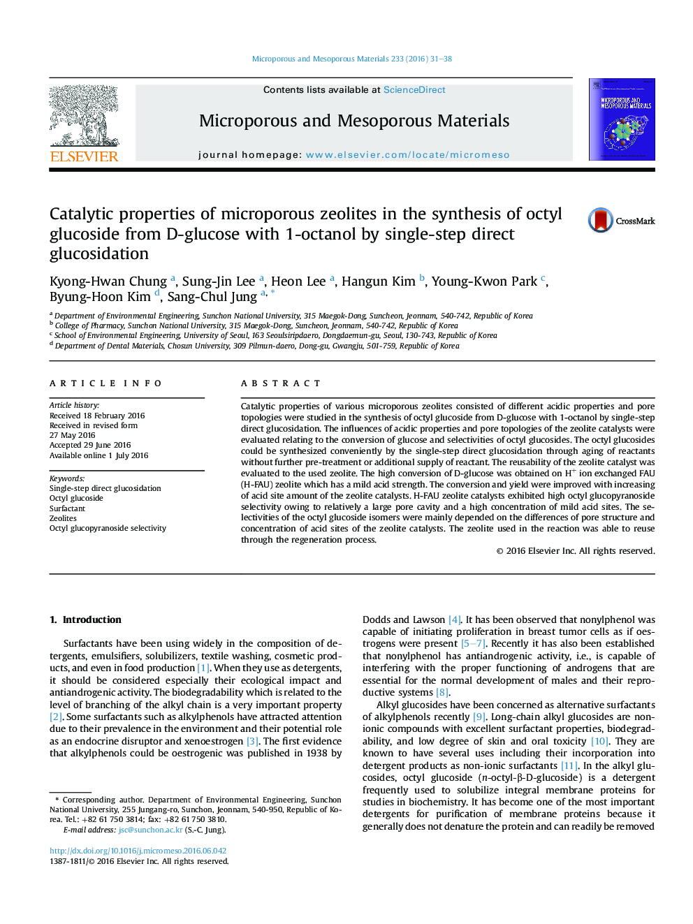 Catalytic properties of microporous zeolites in the synthesis of octyl glucoside from D-glucose with 1-octanol by single-step direct glucosidation