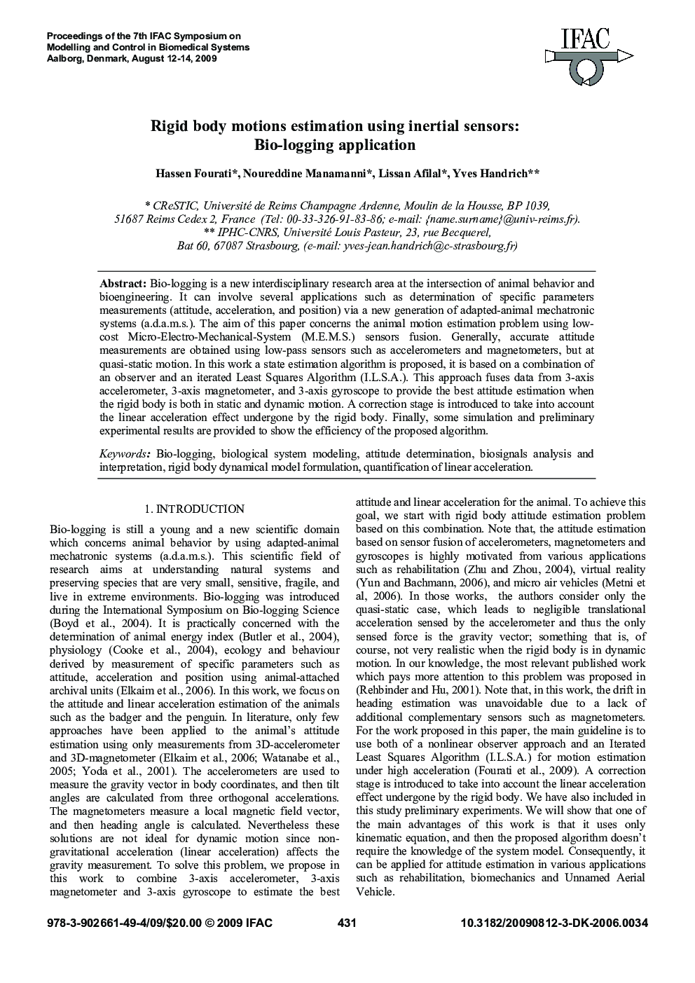 عکس صفحه اول مقاله: Rigid body motions estimation using inertial sensors: Bio-logging application Rigid body motions estimation using inertial sensors: Bio-logging application