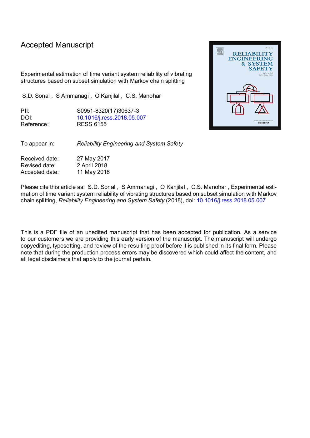 Experimental estimation of time variant system reliability of vibrating structures based on subset simulation with Markov chain splitting