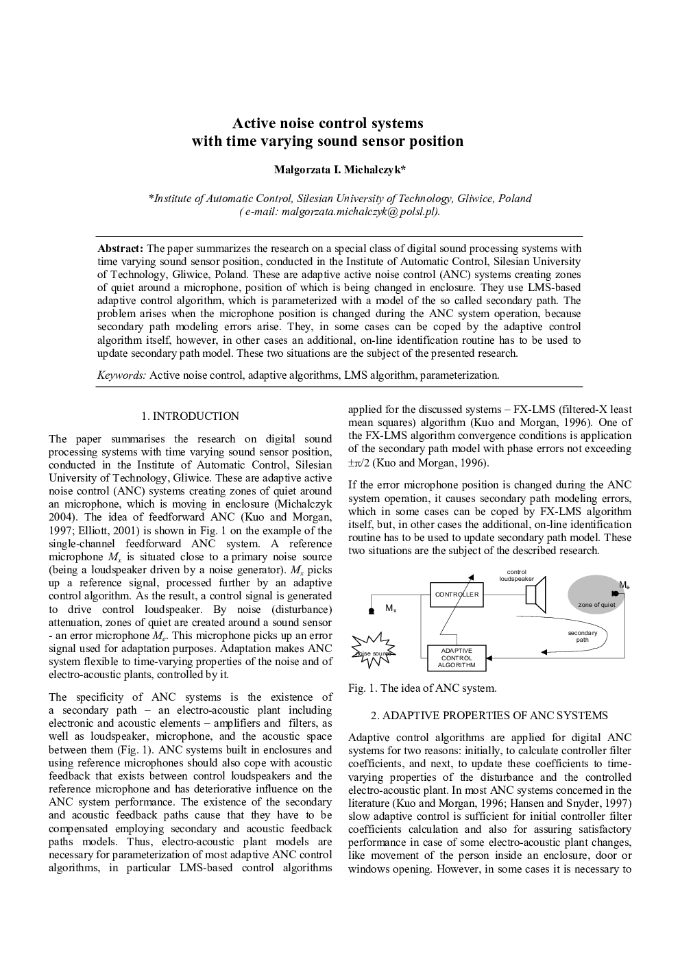 Active noise control systems with time varying sound sensor position