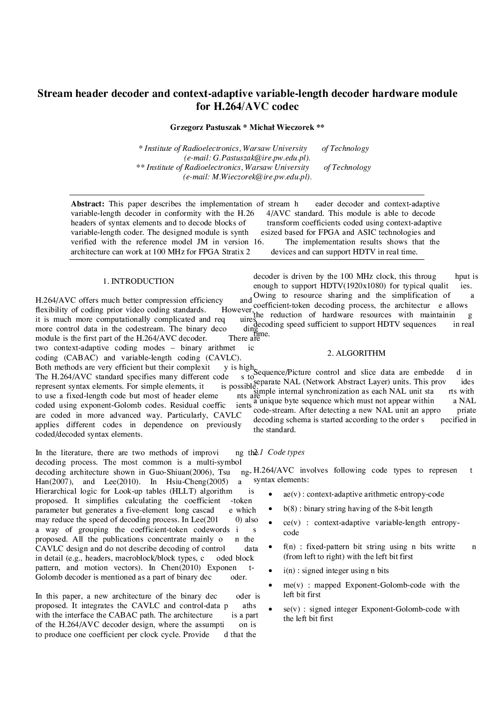 Stream header decoder and context-adaptive variable-length decoder hardware module for H.264/AVC codec
