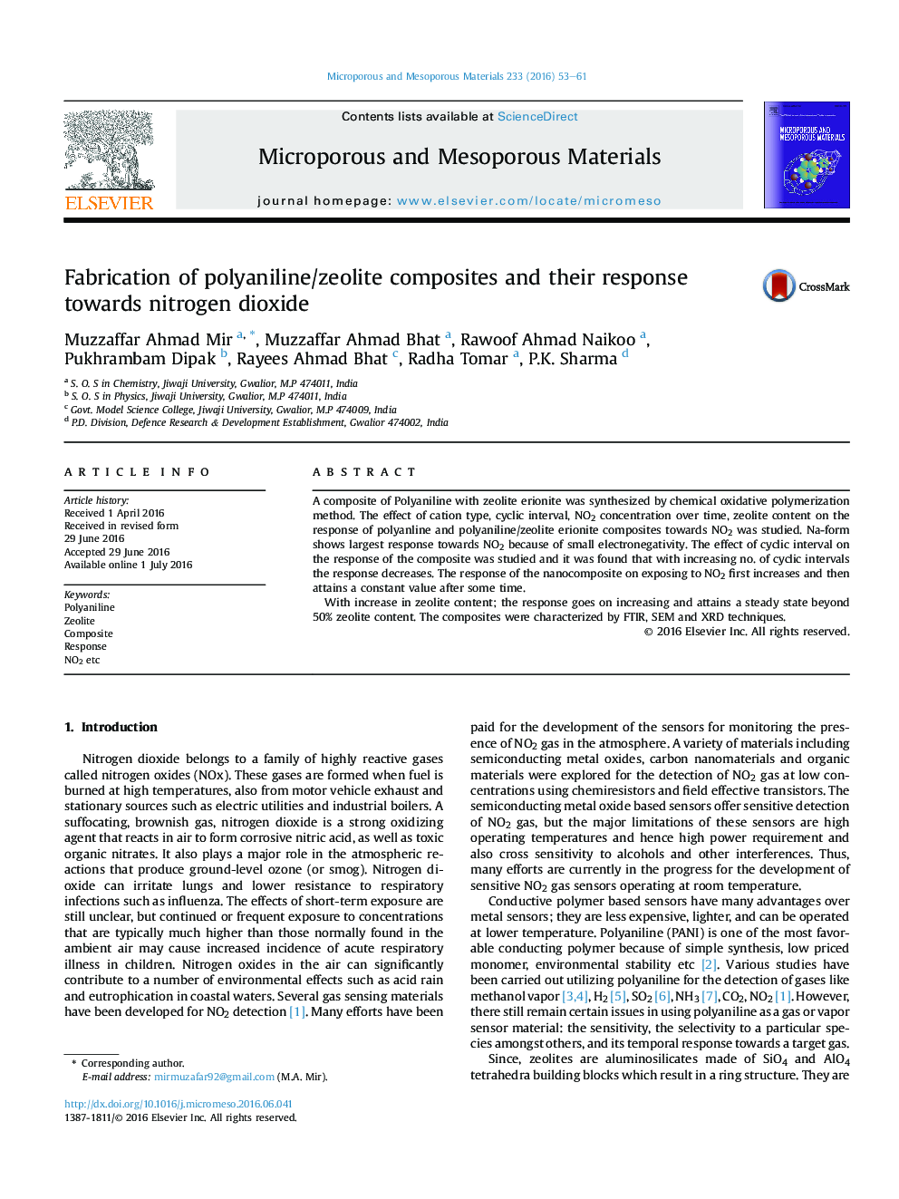 Fabrication of polyaniline/zeolite composites and their response towards nitrogen dioxide