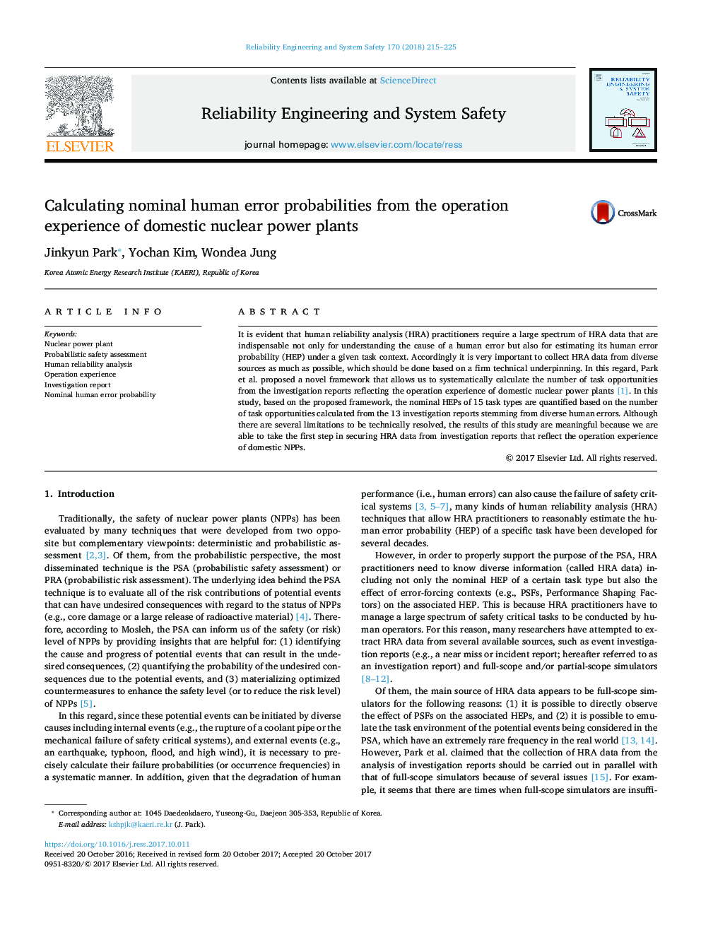 Calculating nominal human error probabilities from the operation experience of domestic nuclear power plants