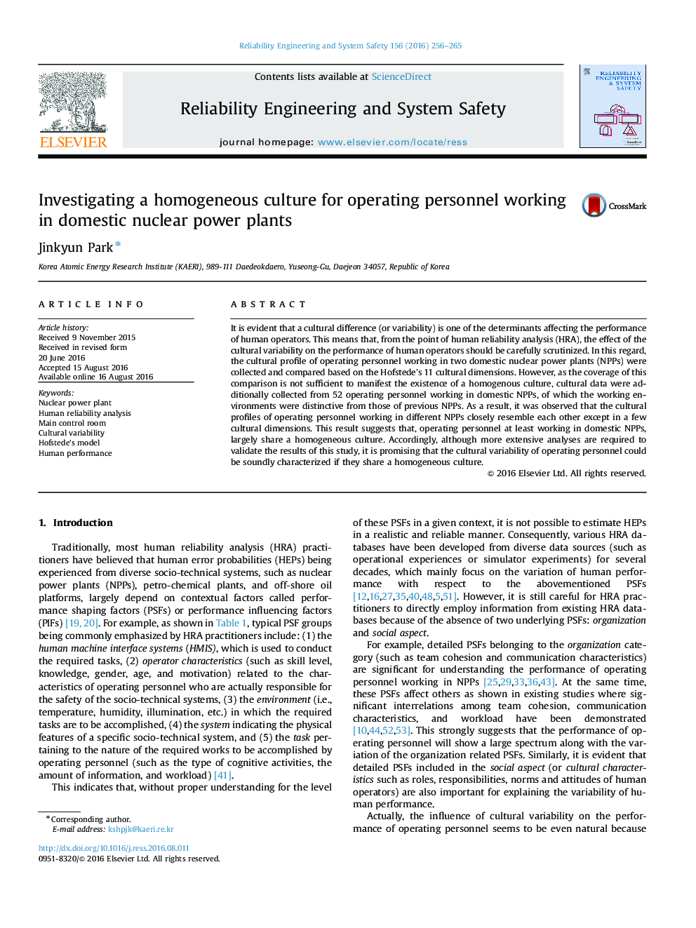 Investigating a homogeneous culture for operating personnel working in domestic nuclear power plants