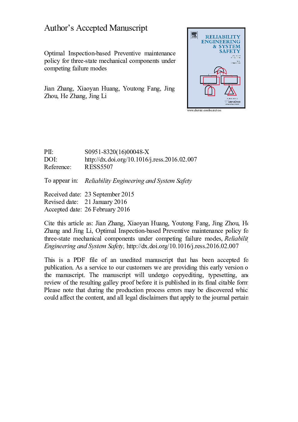 Optimal inspection-based preventive maintenance policy for three-state mechanical components under competing failure modes