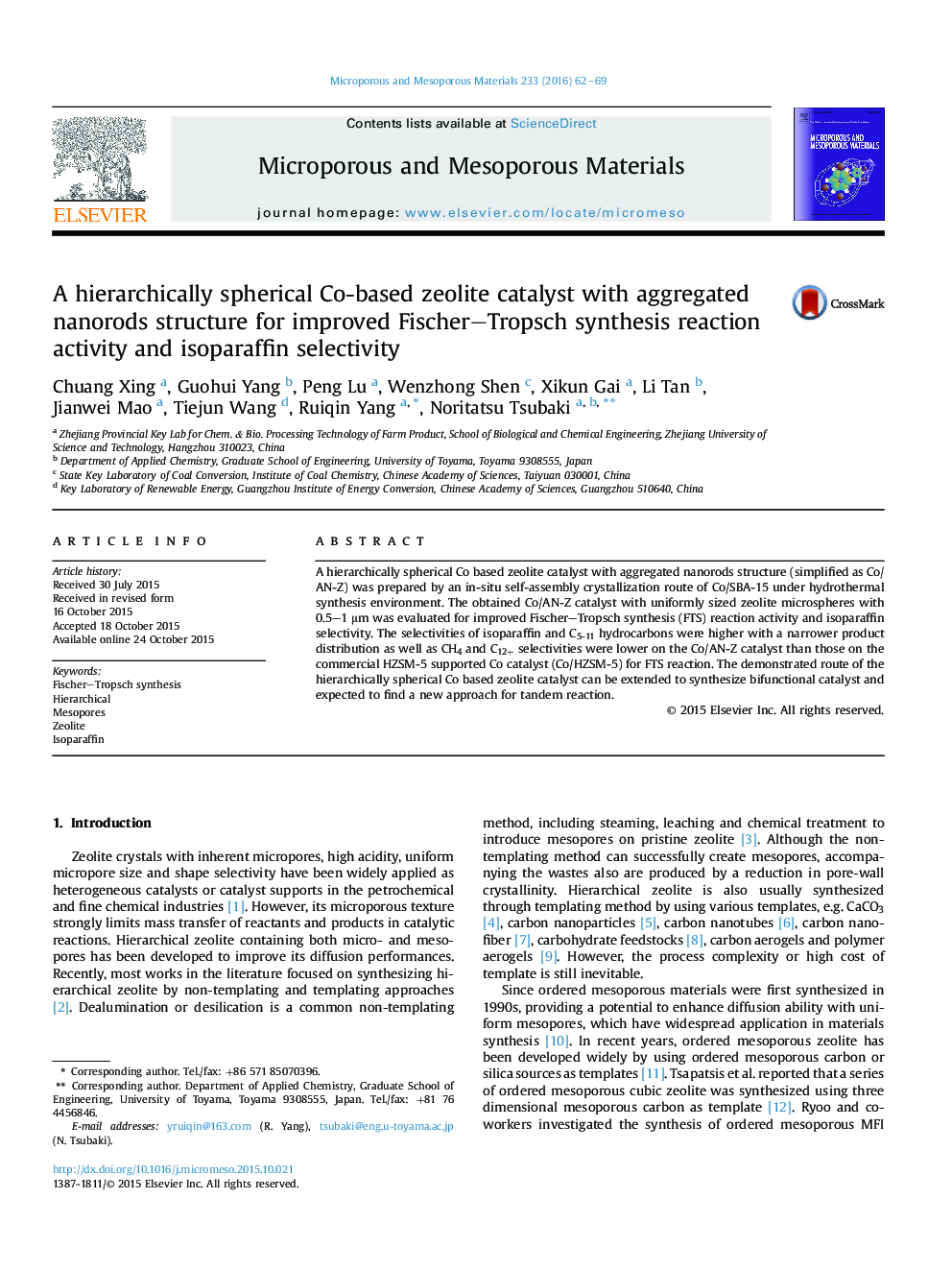 A hierarchically spherical Co-based zeolite catalyst with aggregated nanorods structure for improved Fischer–Tropsch synthesis reaction activity and isoparaffin selectivity