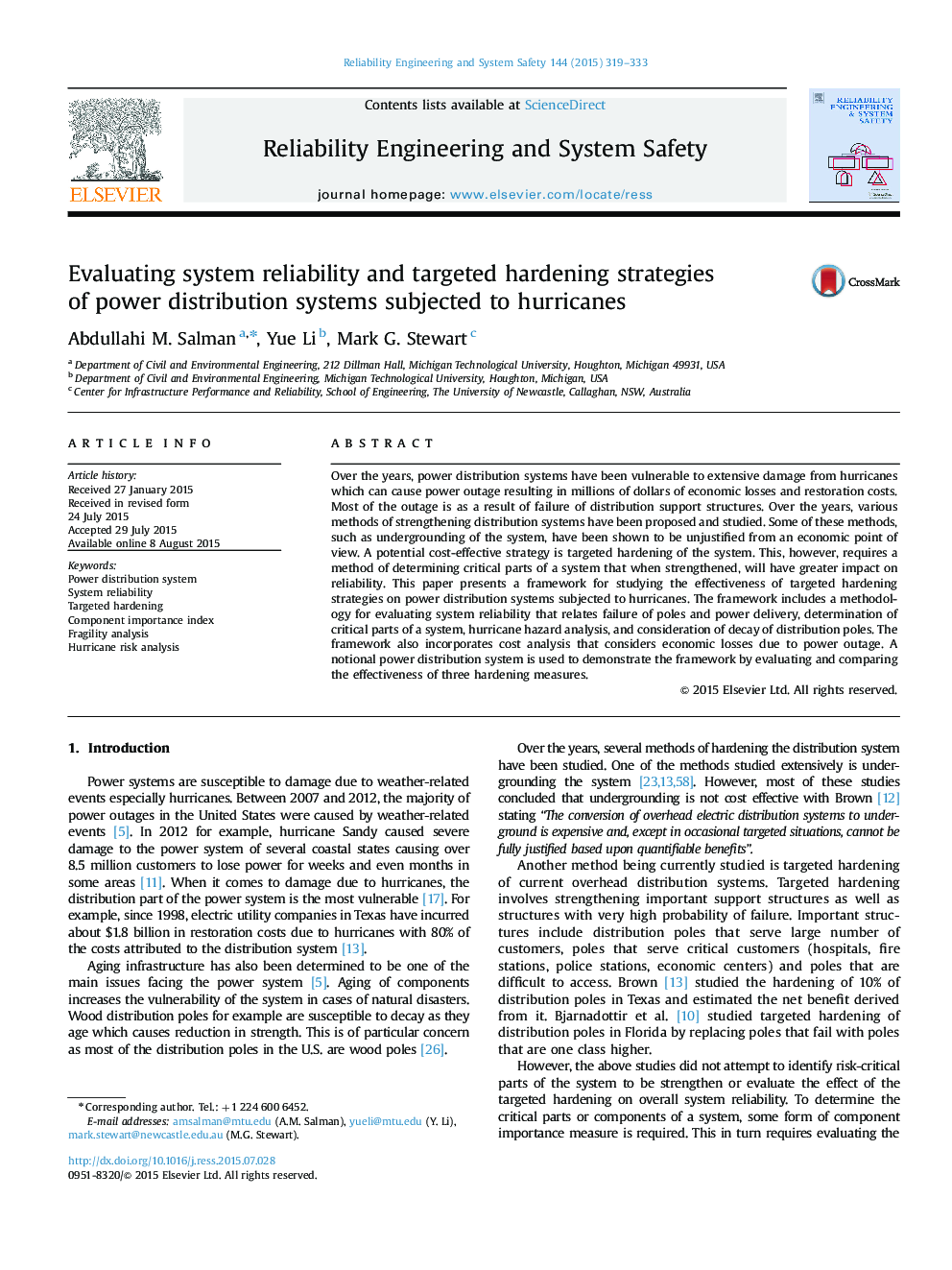 Evaluating system reliability and targeted hardening strategies of power distribution systems subjected to hurricanes