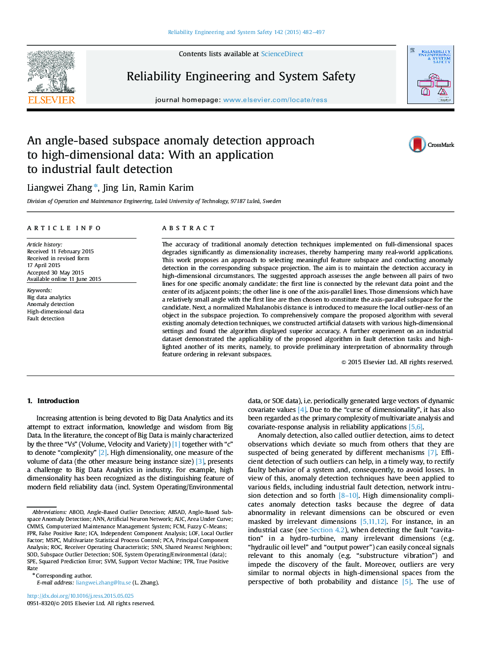 An angle-based subspace anomaly detection approach to high-dimensional data: With an application to industrial fault detection