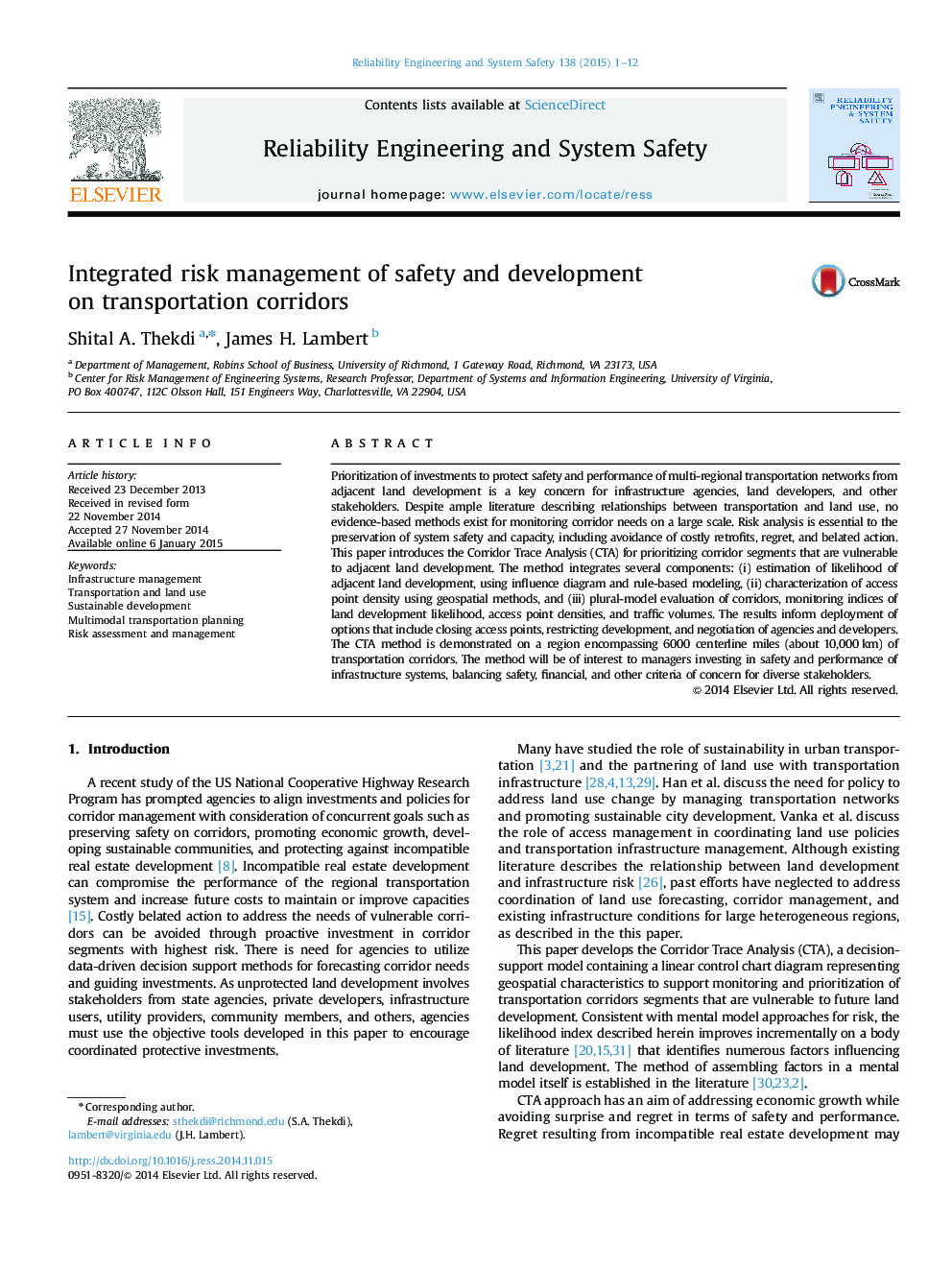 Integrated risk management of safety and development on transportation corridors