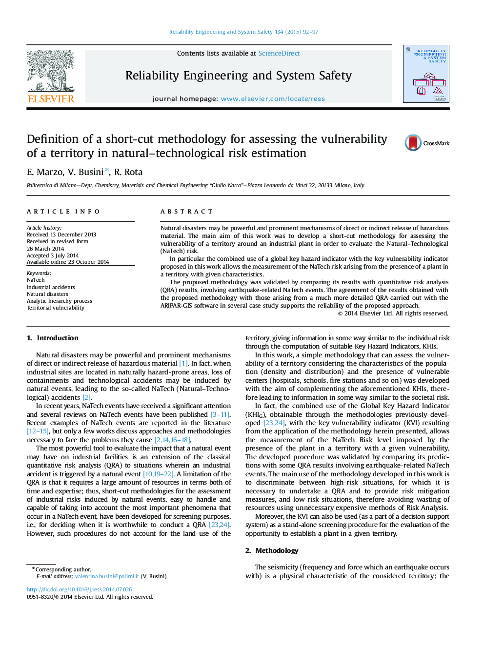 Definition of a short-cut methodology for assessing the vulnerability of a territory in natural-technological risk estimation