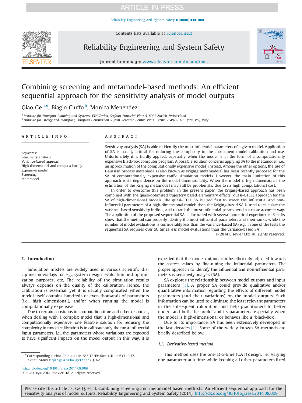 Combining screening and metamodel-based methods: An efficient sequential approach for the sensitivity analysis of model outputs