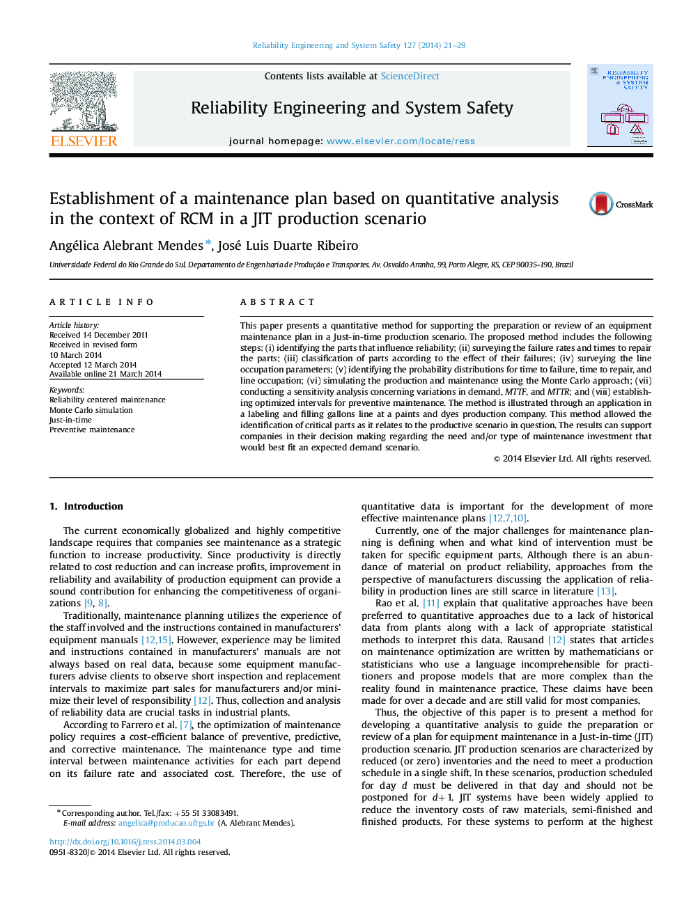 Establishment of a maintenance plan based on quantitative analysis in the context of RCM in a JIT production scenario