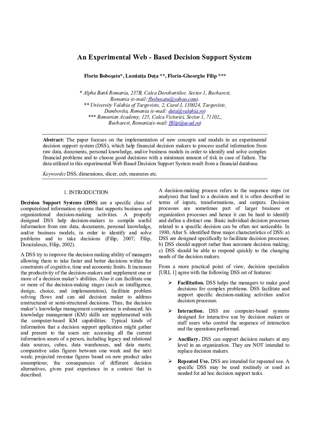 An Experimental Web - Based Decision Support System 