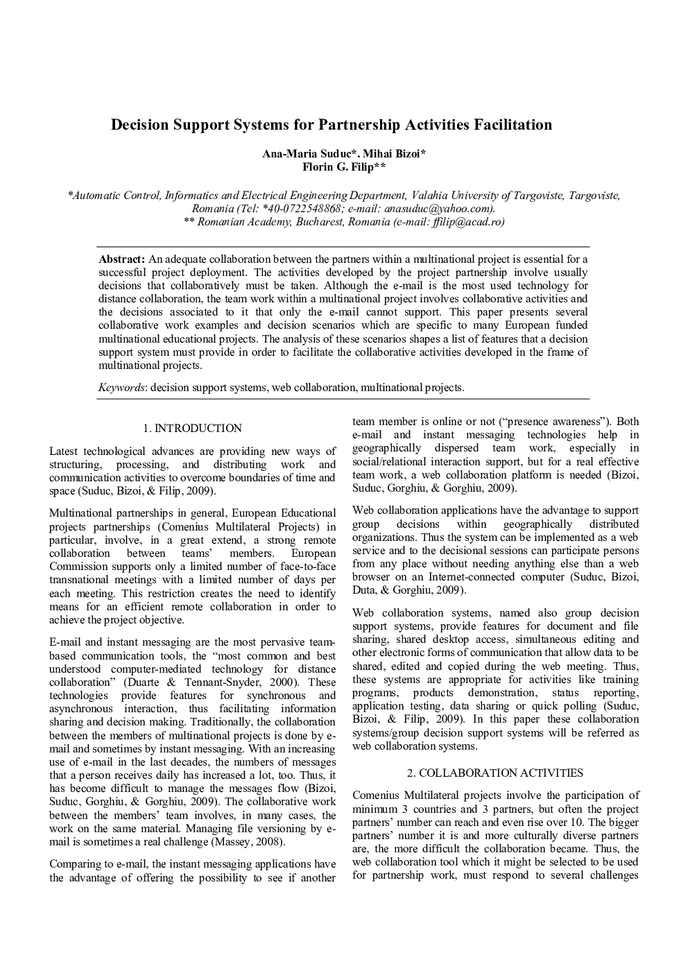 Decision Support Systems for Partnership Activities Facilitation
