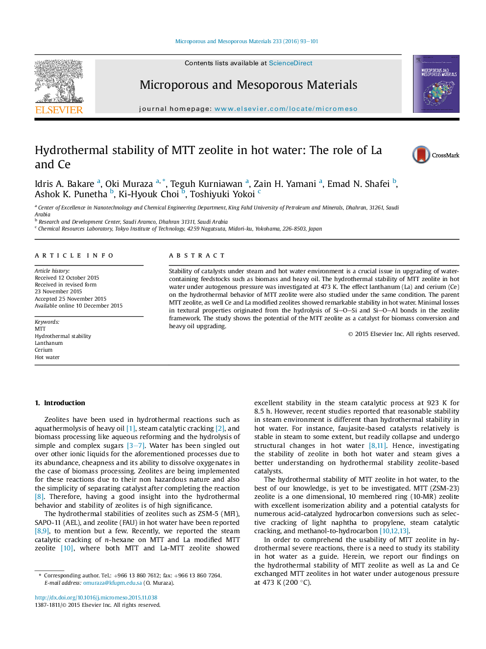 Hydrothermal stability of MTT zeolite in hot water: The role of La and Ce